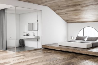 Bir tavan yatak odası bir karyola ve minimalist banyo sol köşesinde. Cam banyo duvar gri perde ile. Ahşap tavan ve zemin. 3D render alay