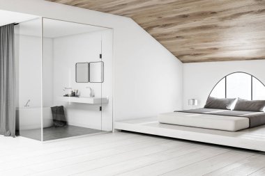 Bir tavan yatak odası bir karyola ve minimalist banyo sol köşesinde. Cam banyo duvar gri perde ile. Ahşap tavan ve beyaz ahşap zemin. 3D render alay