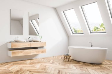 Lüks tavan minimalizm tarzı itibariyle bir ahşap zemin, beyaz duvarları, çift lavabo ve büyük bir küvet ile banyo köşesi. Gevşeme ve öz bakım kavramı. Yakın çekim. 3D render alay