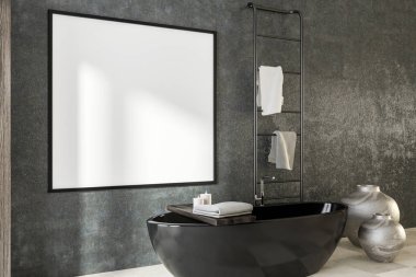 Yatay sahte başlık çerçevesi lüks banyo beton duvara asılı kadar. Siyah bir küvet, vazolar ve bir havlu askısı. Yan görünümü. Pazarlama ve reklam kavramı. 3D render