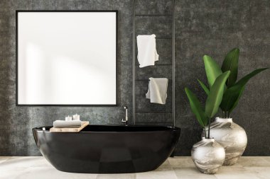 Alay kadar lüks banyo beton duvara asılı başlık çerçevesi kare. Siyah bir küvet, vazolar ve bir havlu askısı. Yan görünümü. Pazarlama ve reklam kavramı. 3D render