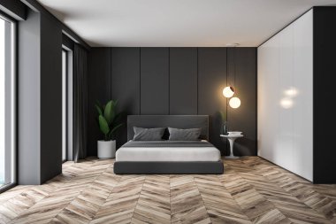 Gri panel duvarlar, ahşap zemin ve gri kapaklı bir çift kişilik yatak lüks çatı katı yatak odası iç. 3D render kopya alanı
