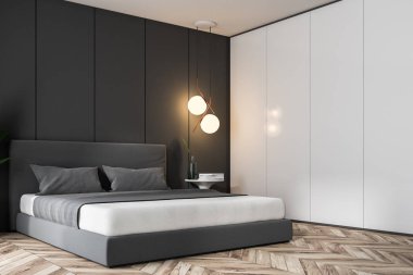 Gri ve beyaz panel duvarlar, ahşap zemin ve gri kapaklı bir çift kişilik yatak ile lüks yatak odası iç. 3D render kopya alanı
