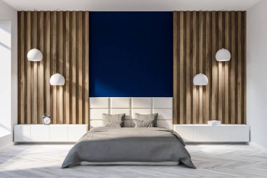 Mavi ve ahşap duvarlar, beyaz bir ahşap zemin ve bir çift kişilik yatak ile iki başucu masa ve şık tavan lambaları ile minimalist yatak odası iç. 3D render kopya alanı
