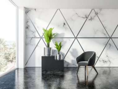 Üçgen desen beyaz mermer ve gri lobi iç bir gri zemin, yumuşak gri tekli ve bitkiler ile gümüş kaplar. 3D render kopya alanı