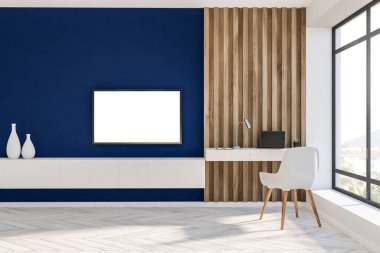 Şık ev ofis bilgisayar tablo, beyaz sandalye ve sahte tv duvara koymak yukarıya ile mavi ve ahşap duvar oturma odasında. 3D render reklam kavramı