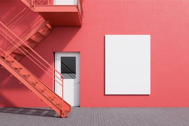 Modern bina dış kırmızı duvarlar, beyaz kapılar ve acil çıkış merdivenleri ile. B planına ve yaratıcı düşünme kavramı. Dikey poster sahte. 3D render