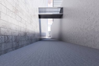 Dar cam ve metal geçit iki somut iş binalar arasında. Sıcak bir günde Cityscape ve mavi gökyüzü. 3D render alay
