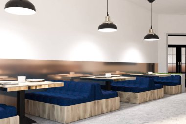 Beyaz duvarları, mermer zemin, kare masa ve yumuşak mavi kanepeler ile rahat kafe iç. Bakış açısı. Küçük iş kavramı. 3D render kopya alanı