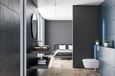 Modern mavi duvar banyo iç ahşap zemin, ahşap lavabo ve tuvalet. Arka planda gri yatak odası. 3D render alay