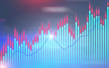 Mavi ve kırmızı Özet Grafik bulanık mavi kırmızı arka plan üzerinde büyüyen. Borsa, ekonomik başarı ve infographics kavramı. Tonlu görüntü pozlama sahte katlayın