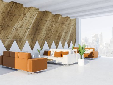 Üçgen desen ahşap ve beyaz ofis salon, beyaz ve turuncu kanepeler, küçük kahve masa ve panoramik bir cityscape penceresiyle. 3D render kopya alanı