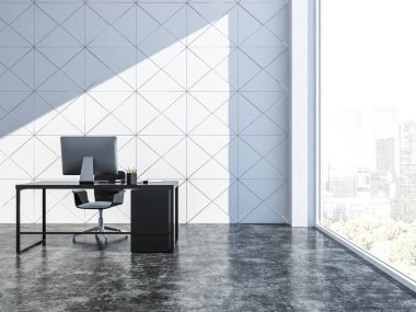 Müdür ofis beyaz üçgen ile iç duvarlar, beton zemin, gökdelenler ile panoramik pencere ve o bilgisayarda siyah bir tabloyla döşenir. 3D render kopya alanı