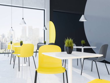 Beyaz zemin, çatı windows ile cityscape, gri ve sarı sandalye ve saksı bitkileri ile küçük tablolar ile geometrik duvar desen kafe iç. 3D render kopya alanı