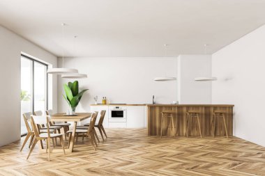 İç modern yemek odası ve mutfak beyaz duvarlar, ahşap zemin, beyaz mutfak tezgahı, tabureleri olan ahşap çubuk ve masa sandalye ile. 3D render kopya alanı