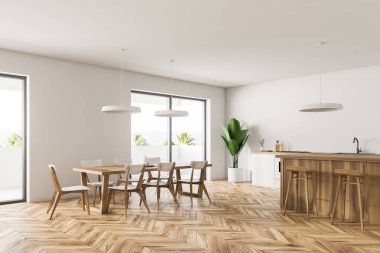 Modern yemek odası ve mutfak beyaz duvarlar, ahşap zemin, beyaz mutfak tezgahı, tabureleri olan ahşap çubuk ve masa sandalye ile köşesinde. 3D render kopya alanı