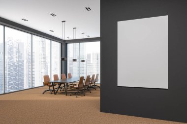 Modern ofis konferans oda köşe panoramik pencerelere, kahverengi halı ve deri koltuklar ile uzun ahşap bir masa. Danışmanlık ve Yönetim Kurulu genel kavram. 3D render dikey kopya alanı afiş