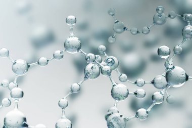 Bulanık gri molekül arka plan üzerinde şeffaf gri soyut molekül modeli. Bilim, kimya, tıp ve mikroskobik araştırma kavramı. 3D render kopya alanı
