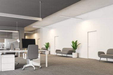 Modern gri ve beyaz ofis iç satır beyaz bilgisayar masaları ve çatı pencereleri ile. Gri halı kanepeler ve bitkiler ile. Uluslararası şirket kavramı 3d render kopya alanı
