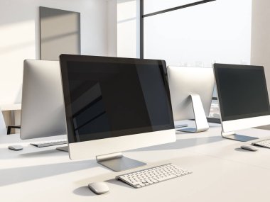 Beyaz ofis veya bilgisayar laboratuar masaları ile gri siyah bilgisayar ekranları resimleri arka planda alay et. 3D render