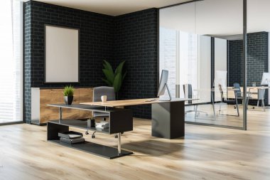 Modern Yöneticisi office köşe bir ahşap zemin, siyah tuğla duvarlar, bir şık bilgisayar masa ve poster çerçevesi kadar sahte. 3D render