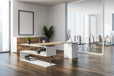 Modern Yöneticisi office köşe bir ahşap zemin, beyaz duvarları, bir şık bilgisayar masa ve poster çerçevesi kadar sahte. 3D render