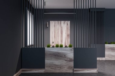 Gri otel, ofis veya daire blok lobisi ile kapalı ahşap bir kapı ve bir beton zemin. Çiçek yatak. 3D render