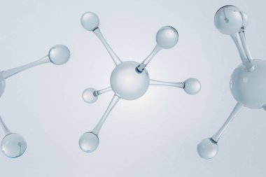 Işık gri zemin üzerine parlak şeffaf soyut molekül modeli. Bilim, tıp, teknoloji ve iş kavramı. 3D render alay