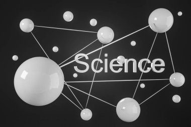 Siyah zemin üzerinde parlak beyaz soyut molekül modeli. Beyaz kelime bilim. Bilim, tıp, teknoloji ve iş kavramı. 3D render alay
