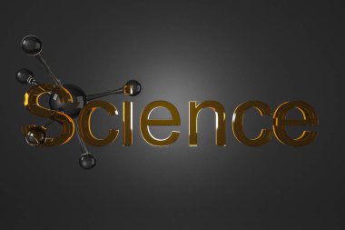 Parlak kahverengi cam malzeme kelime bilim ve siyah zemin üzerine siyah molekül modeli gibi. Bilim, tıp, teknoloji ve iş kavramı. 3D render alay