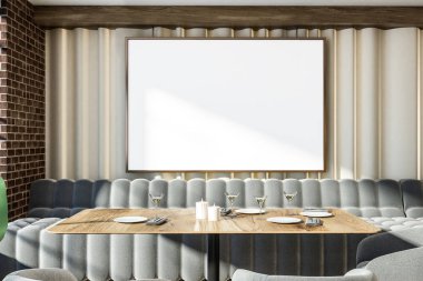 İç tuğla duvarlar, gri rahat kanepeler ve ahşap masa ile modern diner. 3D render sahte kadar yatay poster çerçevesi