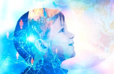 Profil yukarıya bakıp gülümseyen sevimli küçük çocuk. İnsan gezegeni ağı. Küresel Dünya ve gelecekteki kavramı. Tonlu görüntü çift pozlama öğeleri Nasa tarafından döşenmiş bu görüntünün sahte