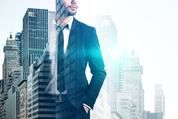 Unrecognizable Bearded Businessman Suit Tie Standing Hands Pockets Cityscape Skyscrapers — Stock Photo, Image