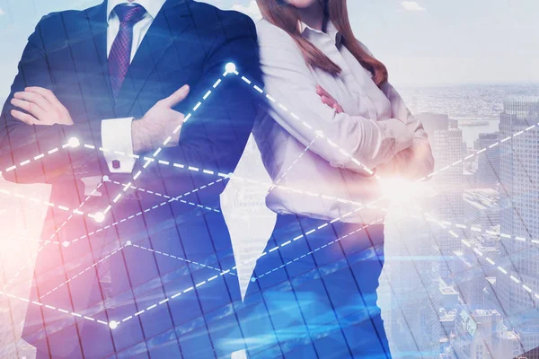 Unrecognizable Businesswoman Businessman Standing Crossed Arms Morning Cityscape Glass Skyscraper — Stock Photo, Image