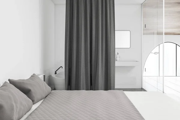 Zijaanzicht Van Moderne Scandinavische Slaapkamer Met Tweepersoonsbed Badkamer Met Grijze — Stockfoto