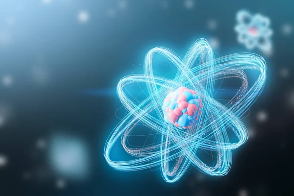 Red Blue Abstract Atom Nucleus Model Blurred Dark Blue Background — Stock Photo, Image