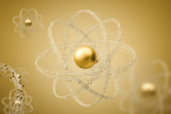 Золота Абстрактна Модель Атомного Ядра Жовтому Тлі Меншими Моделями Атомів — стокове фото