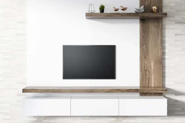 Moderno Televisor Pantalla Plana Conectado Una Pared Madera Blanca Una — Foto de Stock