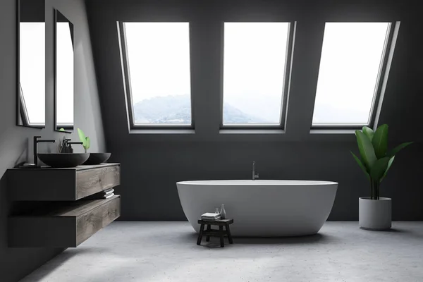 豪华阁楼浴室内部的 Minimalisic 大厦与混凝土地板 灰色的墙壁 一个双水槽和一个大浴缸 放松和自我照顾的概念 关门了3D 渲染模拟 — 图库照片