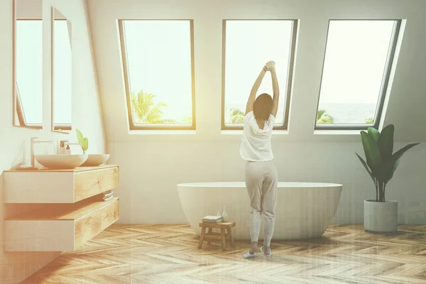 Woman Morning Attic Bathroom Wooden Floor White Walls Double Sink — Stock Photo, Image