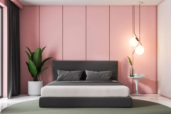 Interior Dormitorio Lujo Con Paredes Panel Rosa Suelo Mármol Blanco —  Fotos de Stock