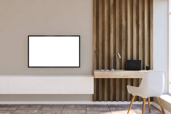 时尚的家庭办公室在米色和木墙客厅与紧凑的电脑桌 白色的椅子和一个模拟上电视设置在墙上 渲染广告理念 — 图库照片