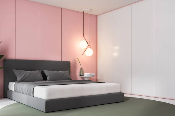 Esquina Dormitorio Lujo Con Paredes Panel Rosa Suelo Mármol Blanco —  Fotos de Stock