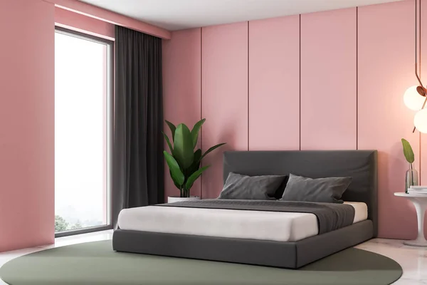 Corner of luxury loft bedroom with pink panel walls, a white marble floor with a carpet and a double bed with gray cover. 3d rendering copy space