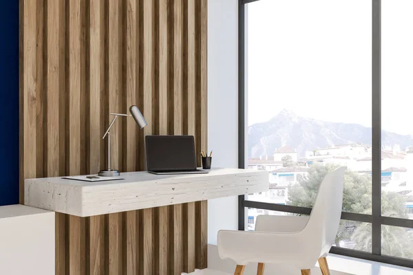 时髦的家庭办公室在木和蓝色墙壁阁楼客厅与紧凑的计算机桌和一张白色椅子 工作从家庭概念3D 渲染复制空间 — 图库照片