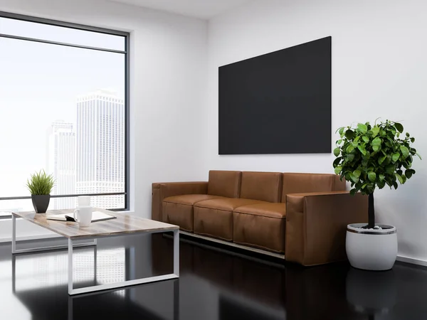 White Wall Office Waiting Room Interior Black Glass Floor Long — Stock Photo, Image