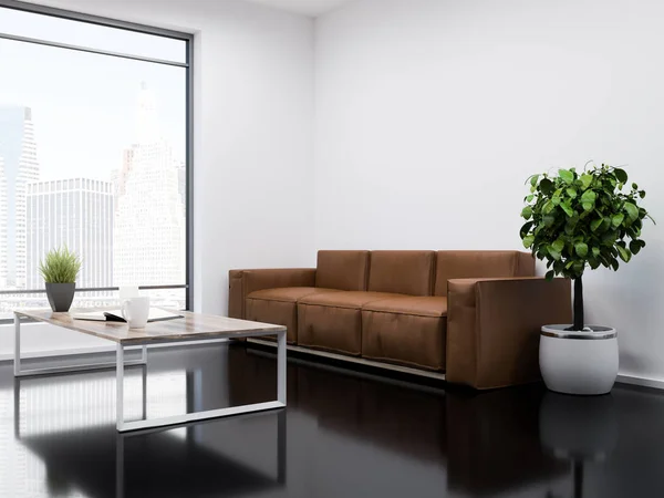 White wall office waiting room interior with a black glass like floor, a long leather sofa and a coffee table. Loft window with modern cityscape. Tree in pot. 3d rendering mock up