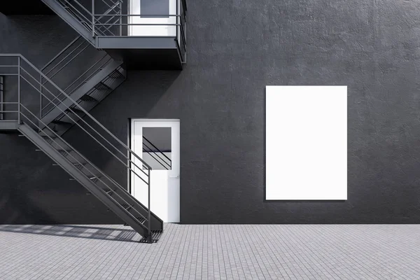 暗い灰色の壁 白いドアや非常口の階段とモダンな建物の外観 プラン と創造的思考の概念 垂直方向のポスターを模擬 レンダリング — ストック写真