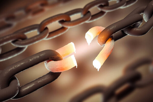Broken hot chain link over blurred chains background. Concept of a weak link, slavery and freedom in business and life in general. 3d rendering copy space