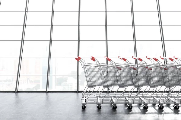 Longues Chariots Supermarché Rangent Long Une Fenêtre Panoramique Concept Marketing — Photo